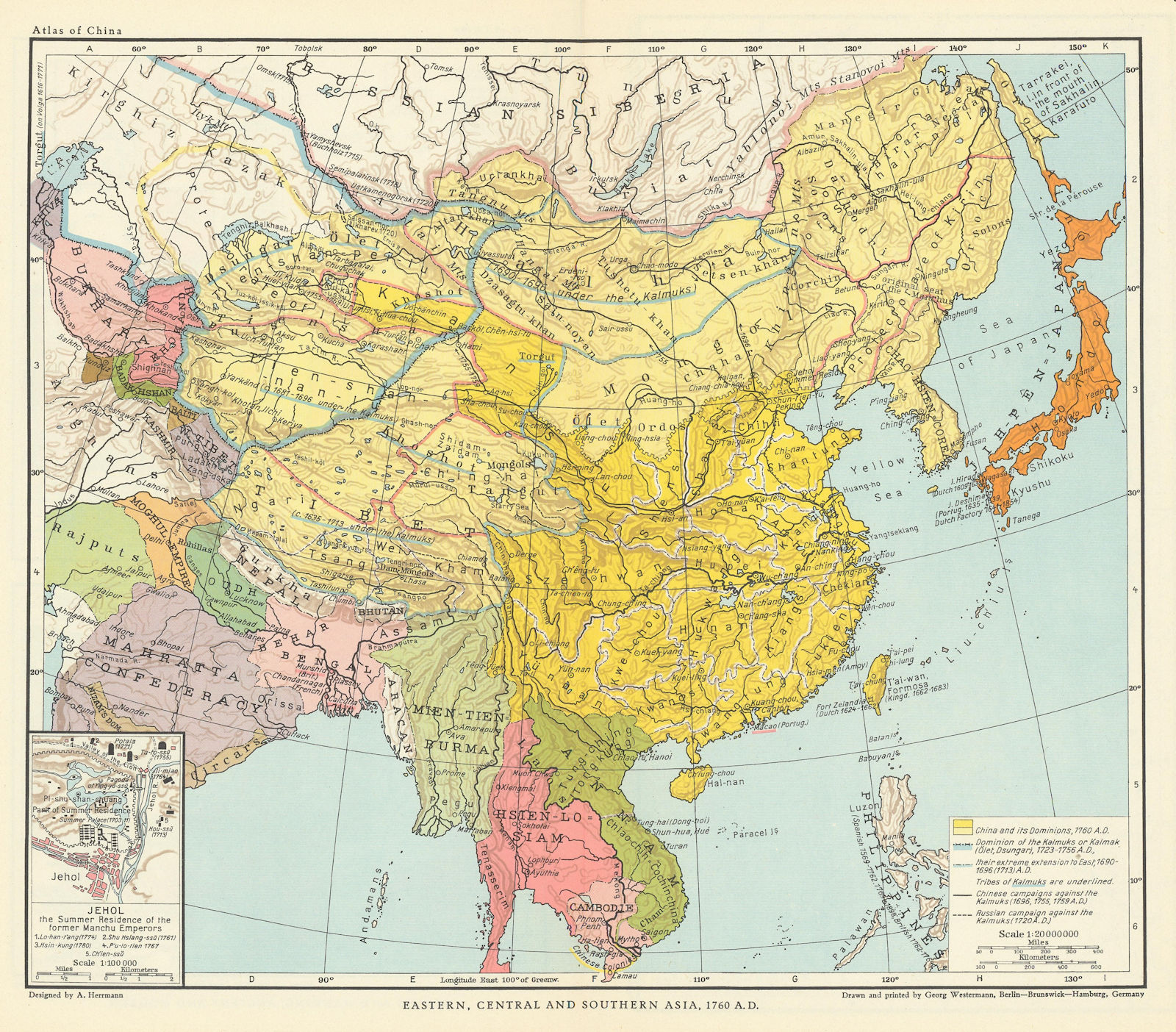 China. East, Central & South Asia 1760 AD; Inset Jehol/Chengde plan 1935 map