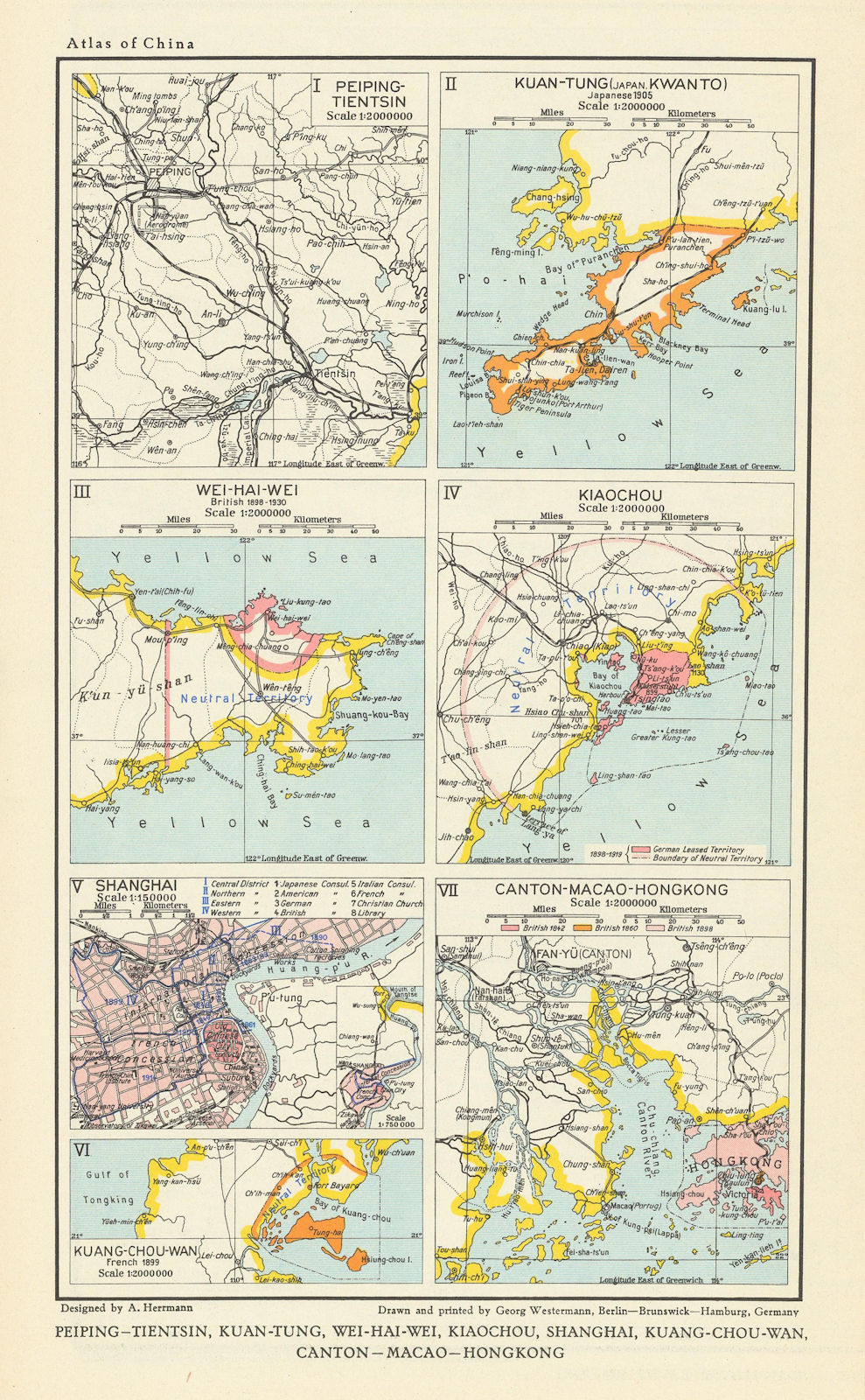China foreign enclaves. Dalian Yantai Qingdao Shanghai Hong Kong 1935 old map