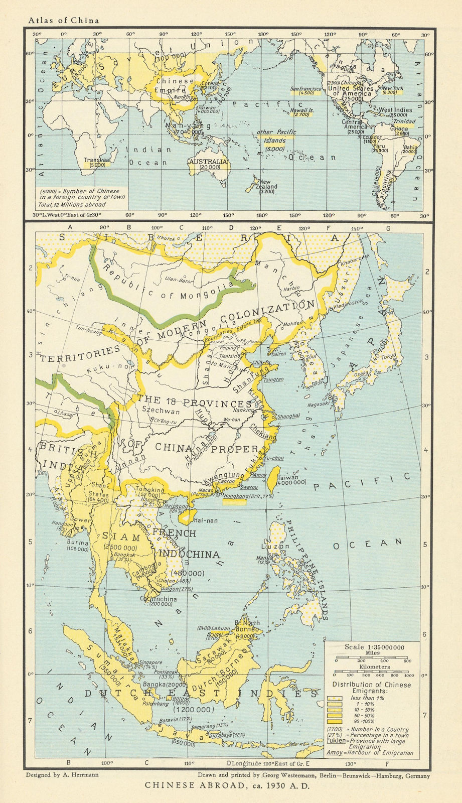 Associate Product Chinese diaspora. Chinese emigrants abroad/overseas c1930 1935 old vintage map