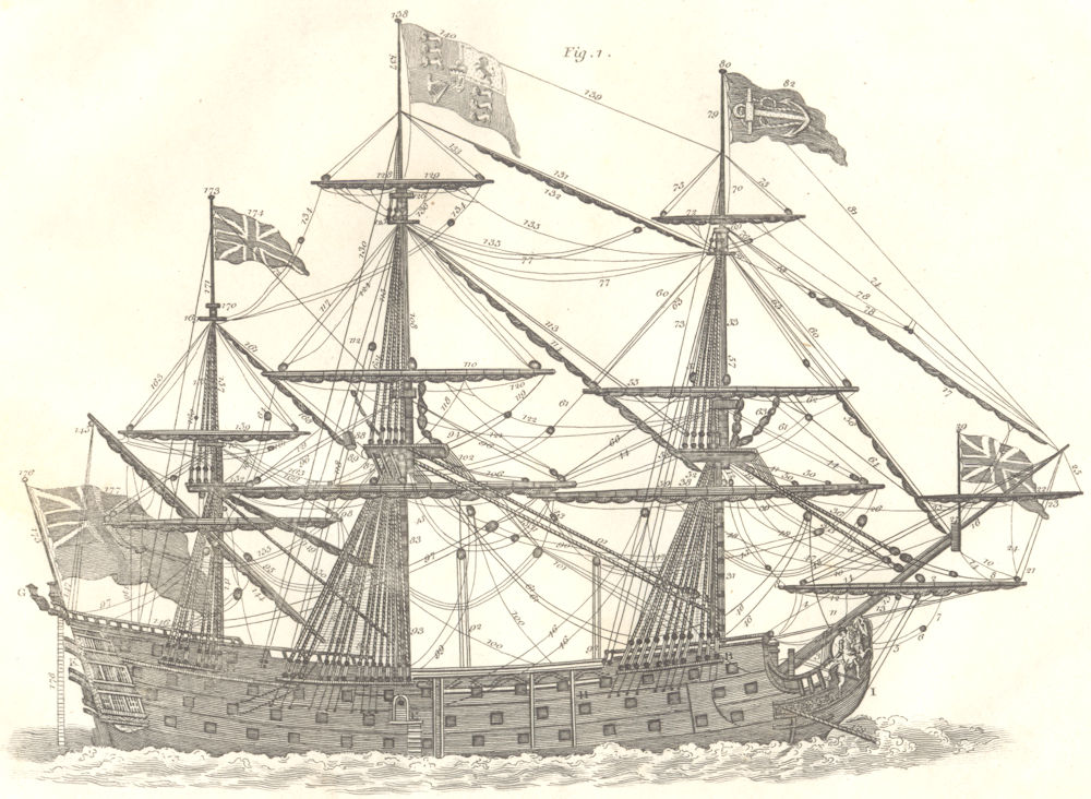 SHIPS. A first rate ship of war with rigging &c. at anchor 1830 old print