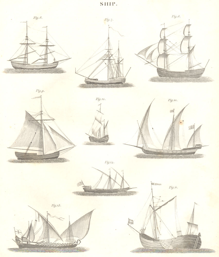 SAILING SHIPS. Designs of sailing boats and ships. (Oxford Encyclopaedia) 1830