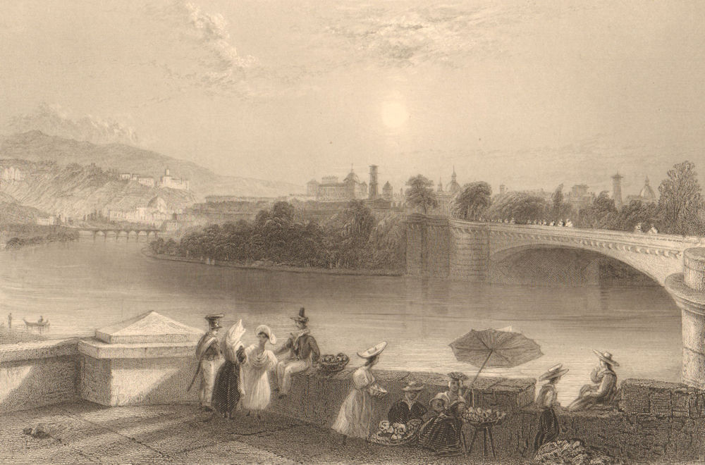 TURIN TORINO. The River Dora. Market. Parasol. Bridge. BARTLETT 1838 old print