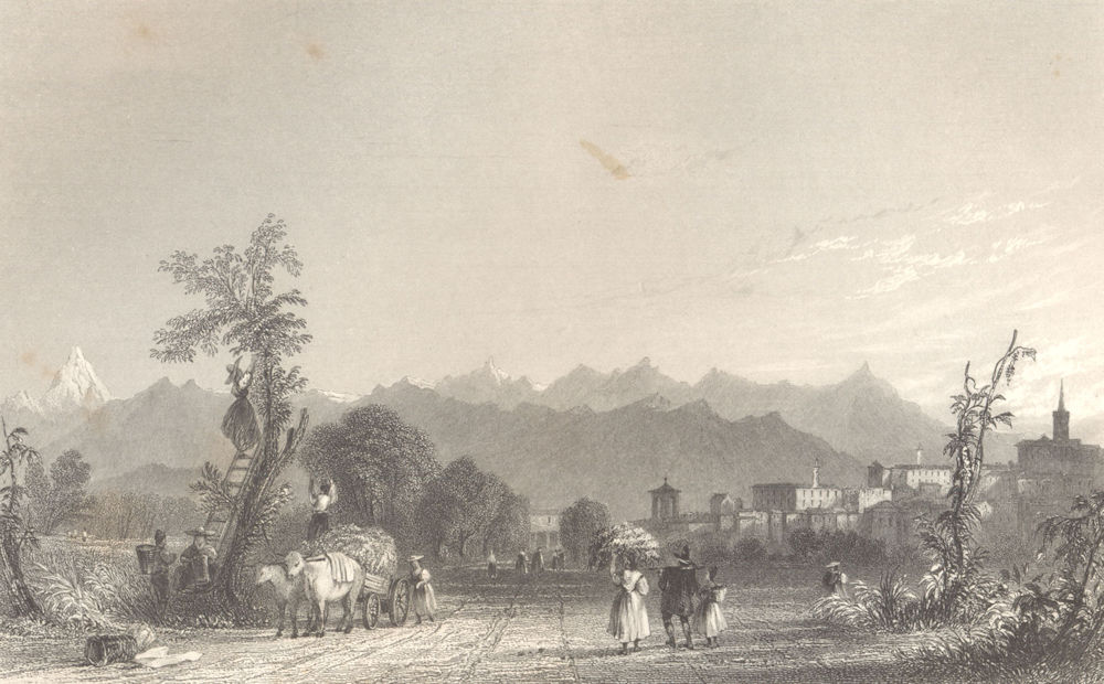 PIEDMONT/PIEMONTE. View of Pinerolo from the east. Alps. Hay cart. BARTLETT 1838