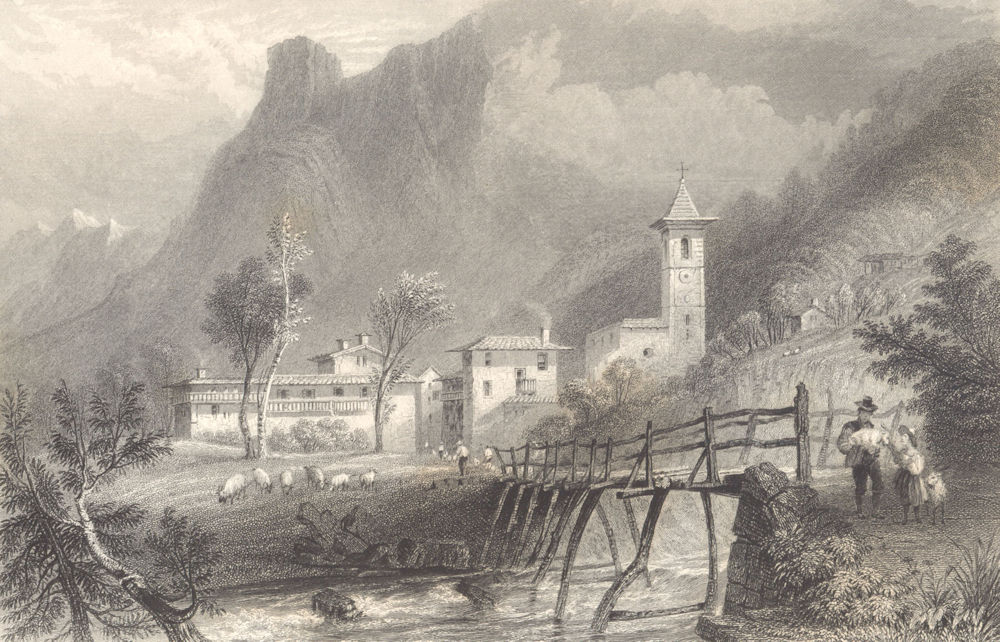 Associate Product PIEDMONT/PIEMONTE. Torre Pellice. Val. Goats. bridge. Church. BARTLETT 1838