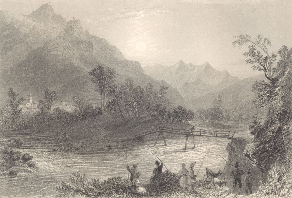 PIEDMONT/PIEMONTE. San Germano, Val Chisone. Men fishing. Goats. BARTLETT 1838