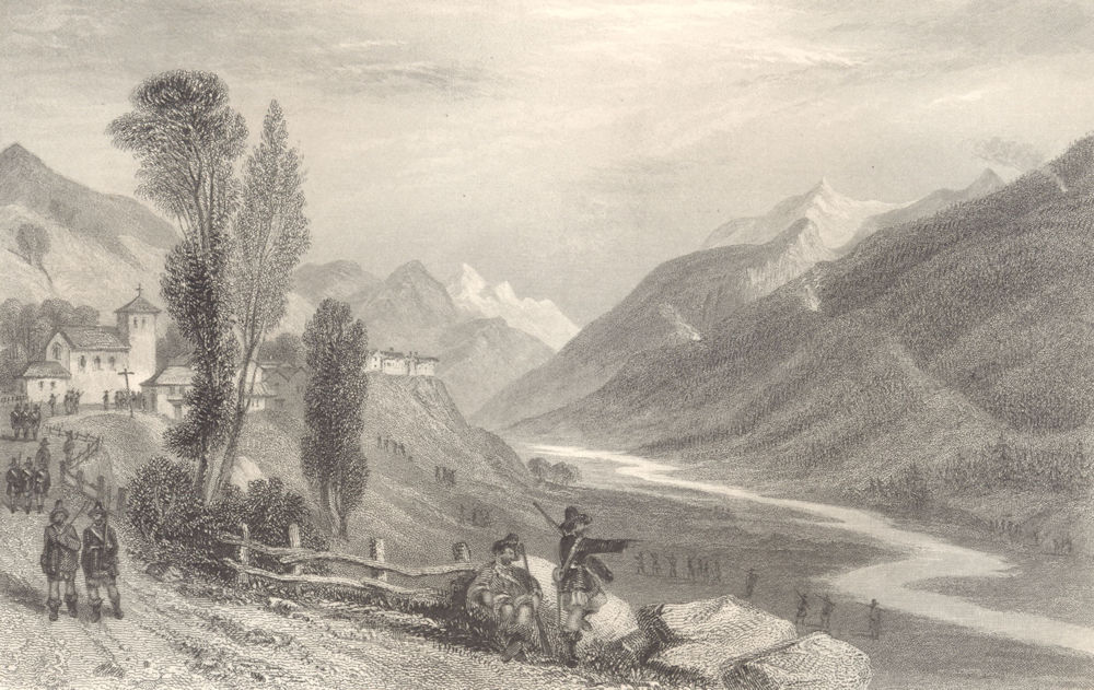 PIEDMONT/PIEMONTE. La Traverse, Val Pragelato. Soldiers. Church 1838 print