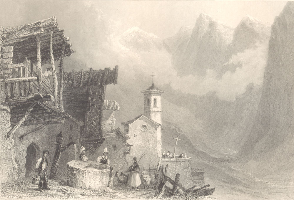 Associate Product HAUTES-ALPES. View of St. Veran. Church. Well. Goats. BARTLETT 1838 old print