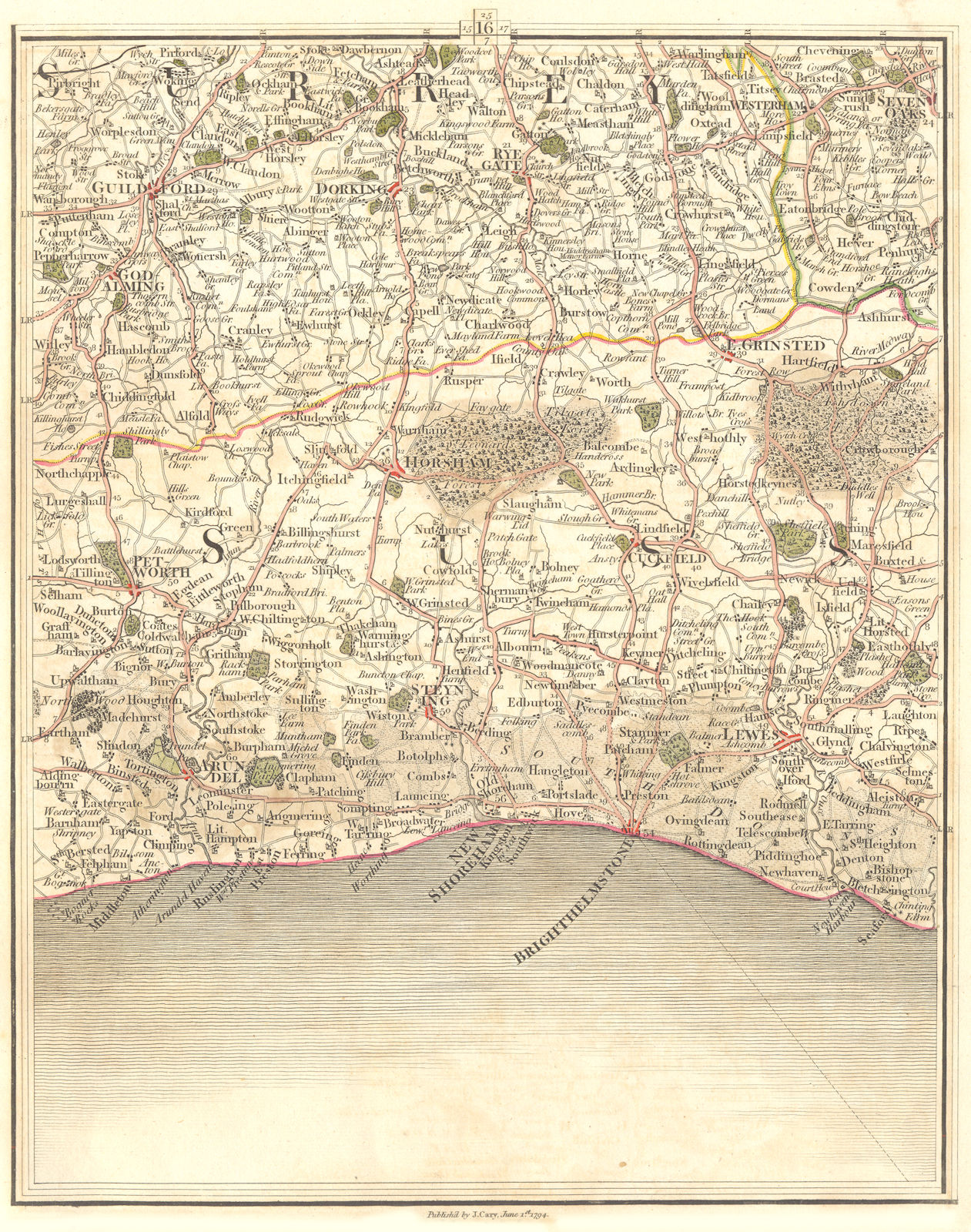 SURREY/SUSSEX.Sevenoaks Guildford east Grinstead Worthing Brighton.Cary 1794 map