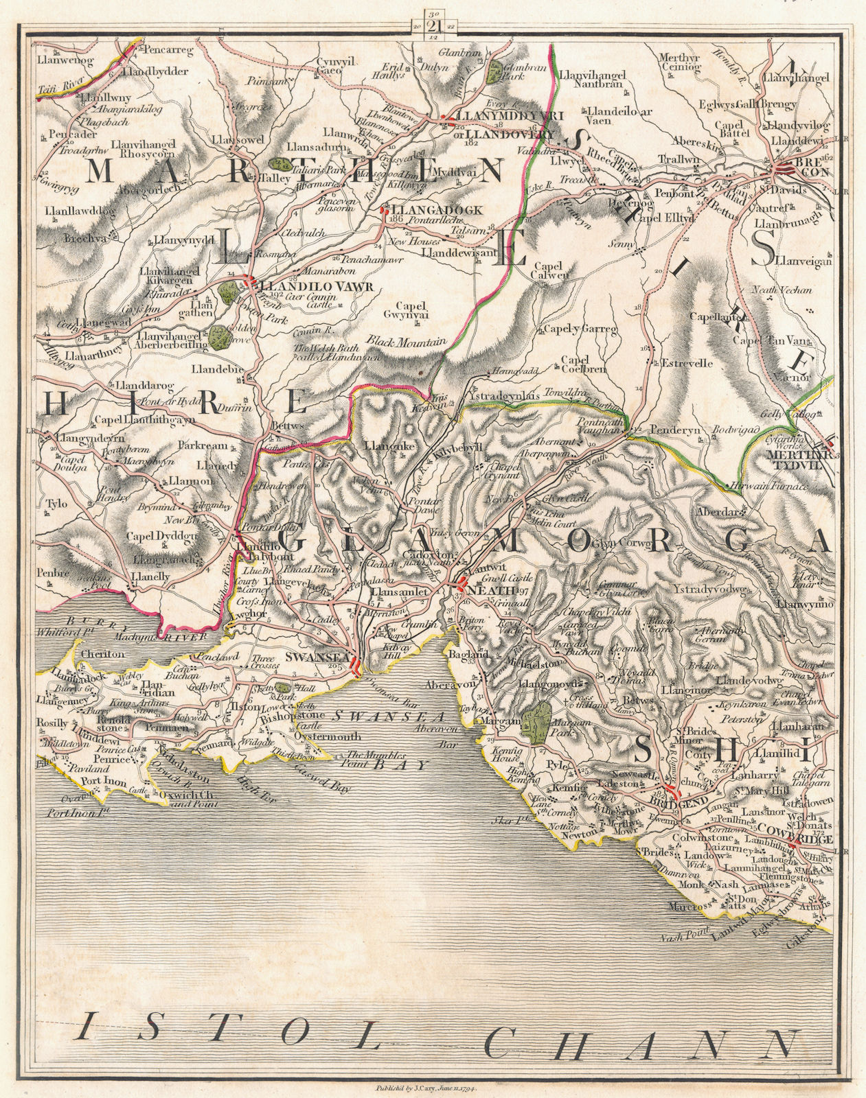 Associate Product SOUTH WALES. Brecon Llandovery Neath Swansea Bridgend Llanelli. CARY 1794 map