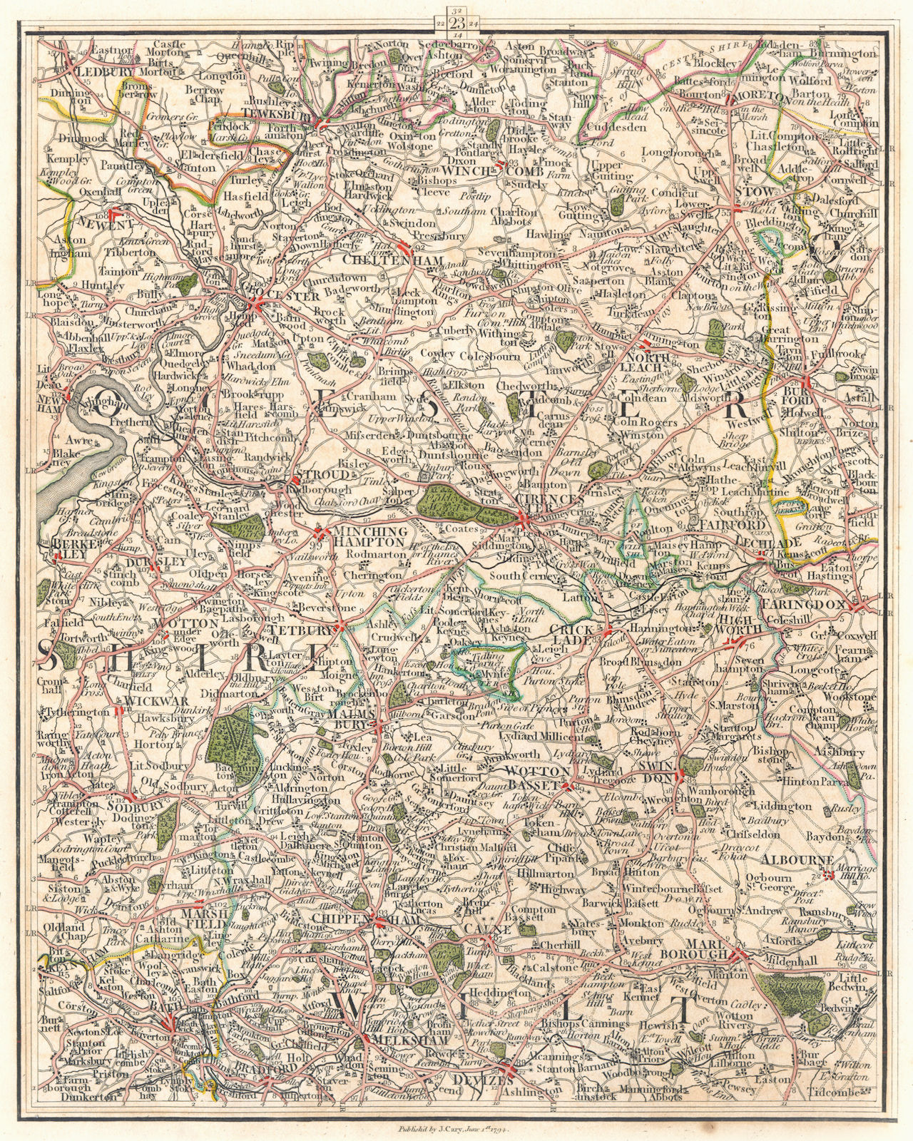 COTSWOLDS. Gloucester Cirencester Swindon Cheltenham Bath Stroud. CARY 1794 map
