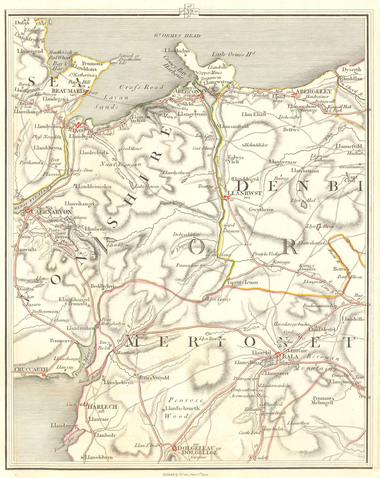 SNOWDONIA.Bangor Caenarfon Bala Conwy Abergele Beaumaris Anglesey.CARY 1794 map
