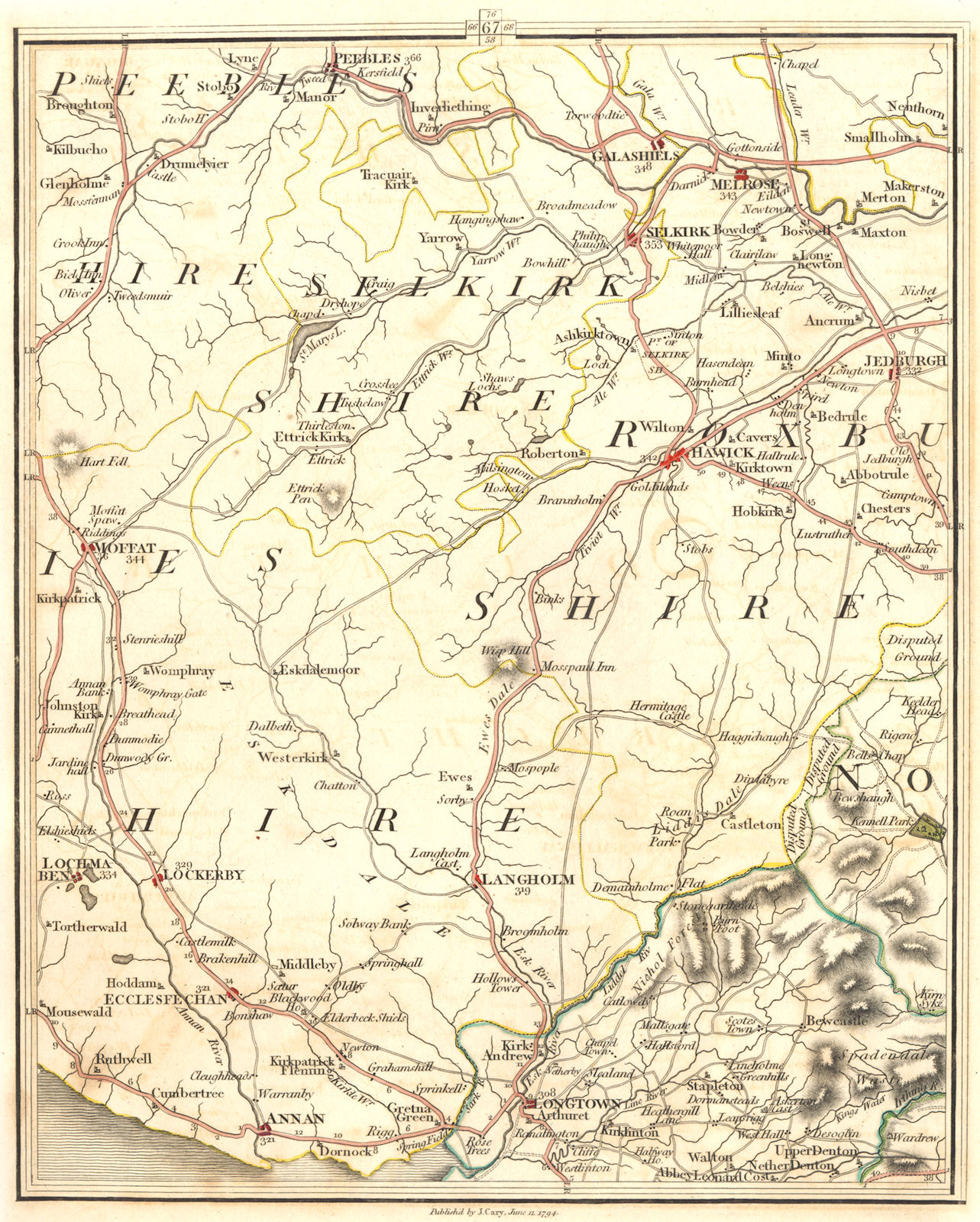 SCOTTISH BORDERS.Disputed border.Lockerbie Melrose Peebles Gretna.CARY 1794 map