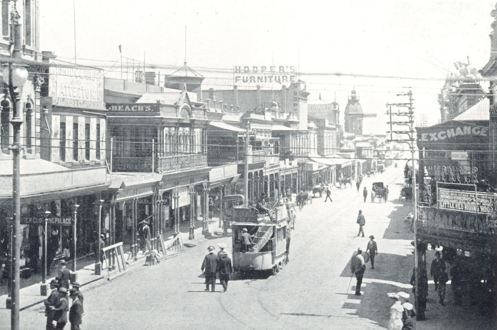 ADELAIDE. Hindley Street. Electric tram. Busy street scene. Shops. 1900 print