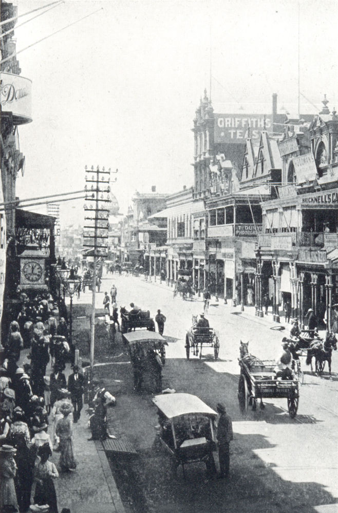 Associate Product ADELAIDE. Rundle Street, South Side. Busy scene. Horses carts shops. 1900