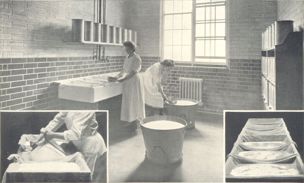 MAKING STILTON CHEESE. Tightening Straining Cloth; Ladling the Curd 1912 print