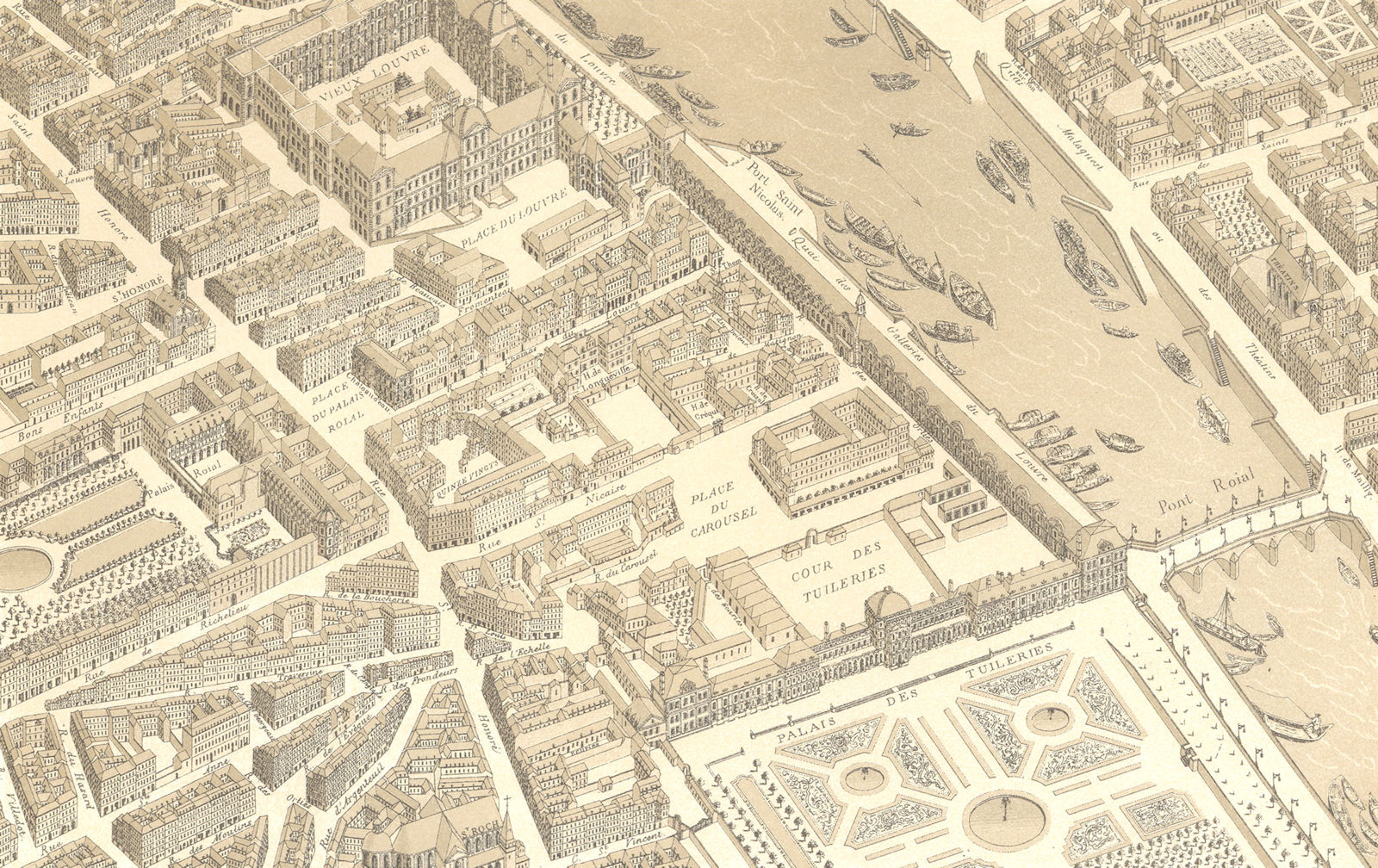 Associate Product PARIS IN 1730. Louvre Tuileries Palais Royal. Aerial perspective 1876 print