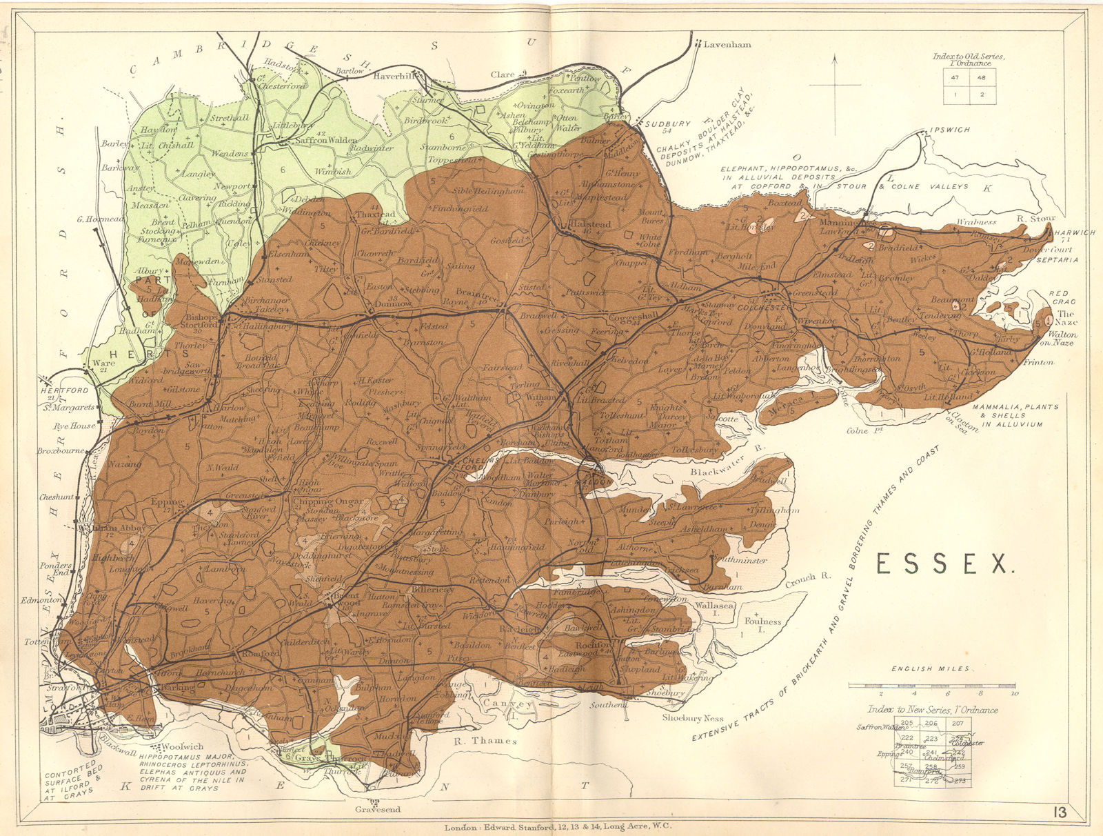 ESSEX. Geological map. STANFORD 1880 old antique vintage plan chart