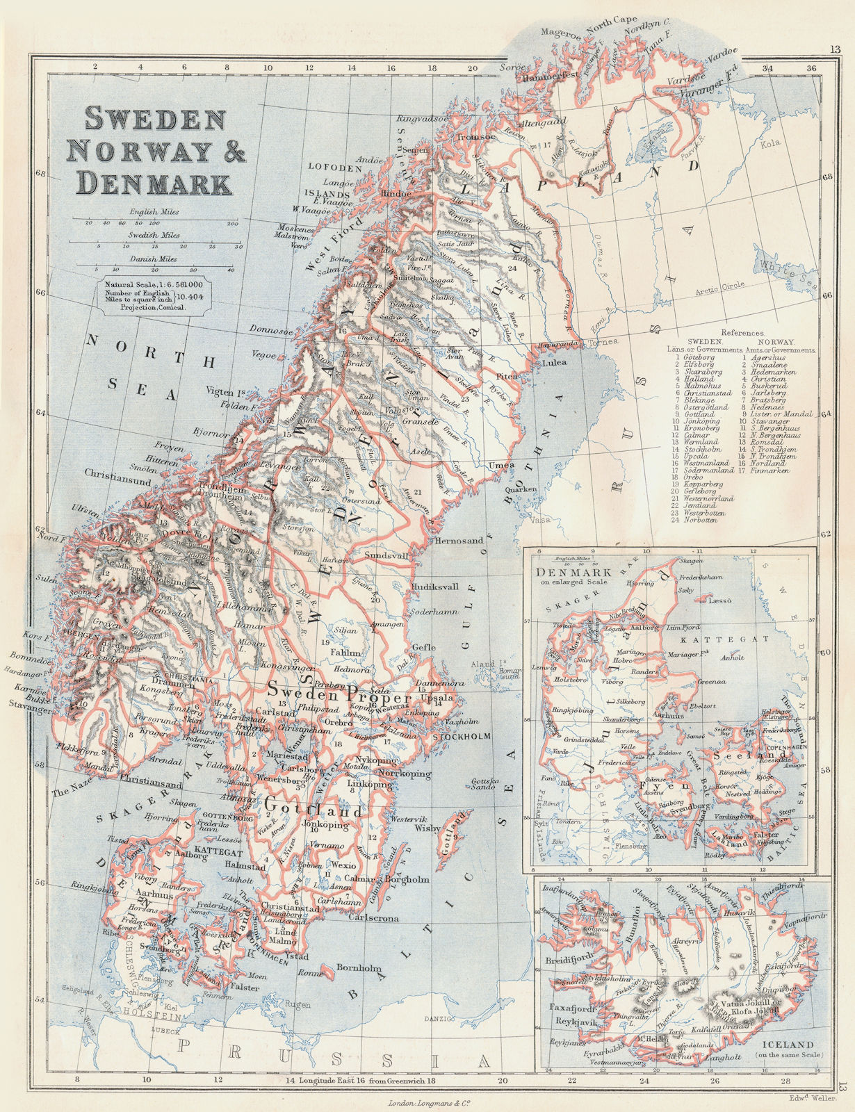 Associate Product SCANDINAVIA.Sweden Norway Denmark(no Schleswig-Holstein)Iceland.BUTLER 1888 map