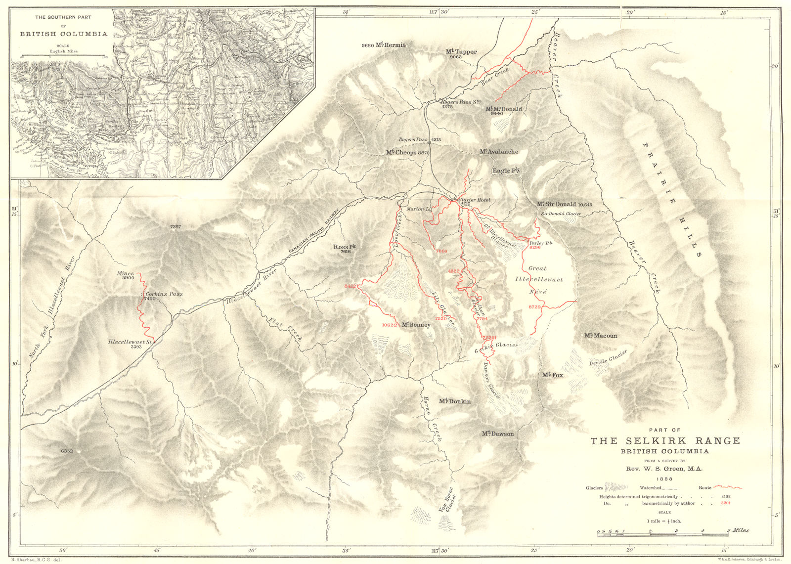 BRITISH COLUMBIA. Part of the Selkirk Range. Rev. Green survey. RGS 1889 map
