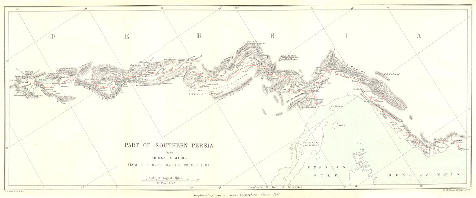 SOUTHERN PERSIA (IRAN) . Shiraz to Jask. Bandar-Abbas. Preece. RGS 1885 map