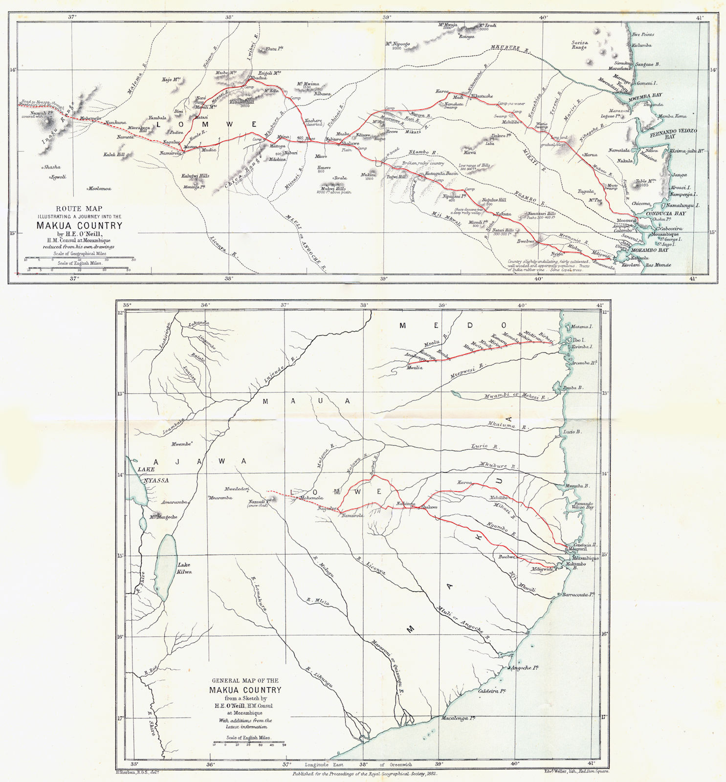 MOZAMBIQUE. Makua Country. O'Neill journey. Nampula. RGS 1882 old antique map