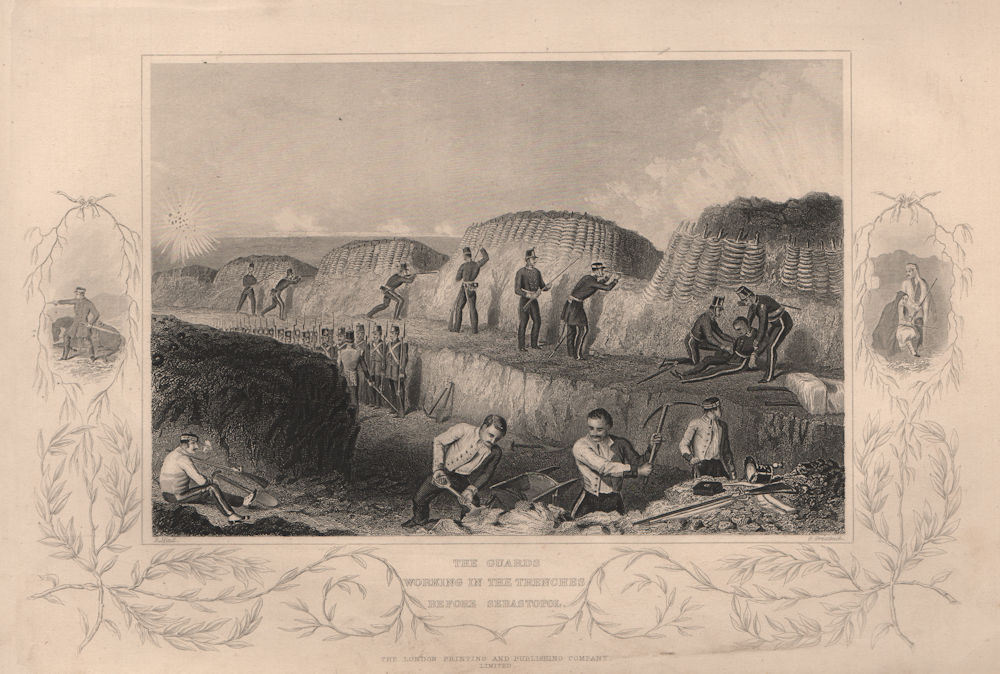 CRIMEAN WAR. The Guards working in the trenches before Sevastopol 1860 print