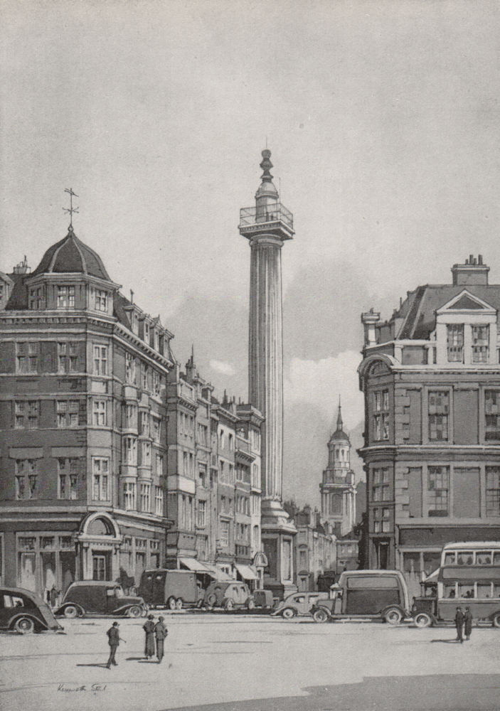 CITY OF LONDON. The Monument, from Eastcheap, by Kenneth Steel 1947 old print