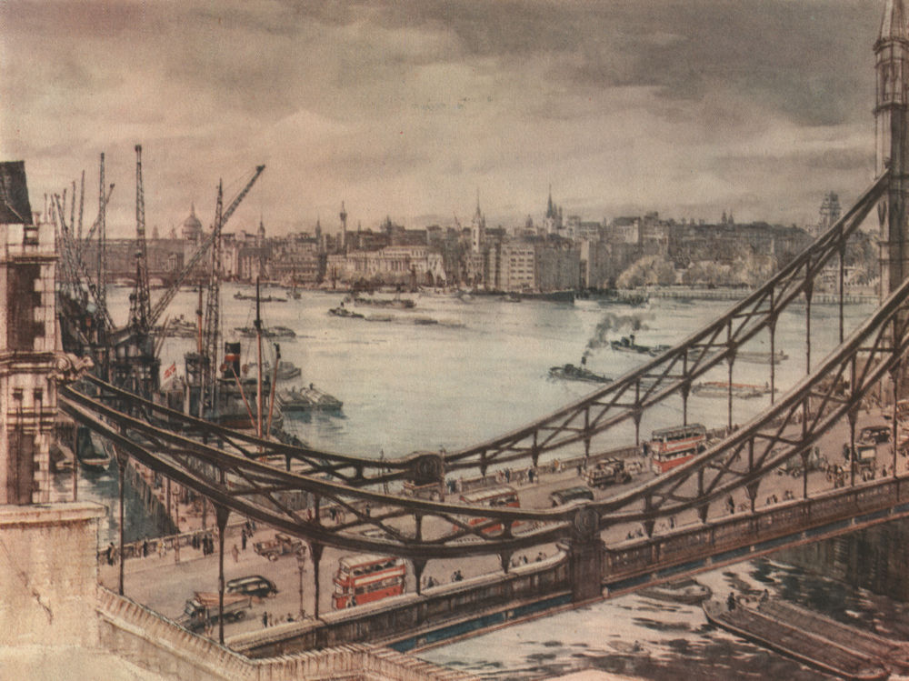 LONDON. View from Tower Bridge, by Henry Rushbury, R. A.  1947 old print