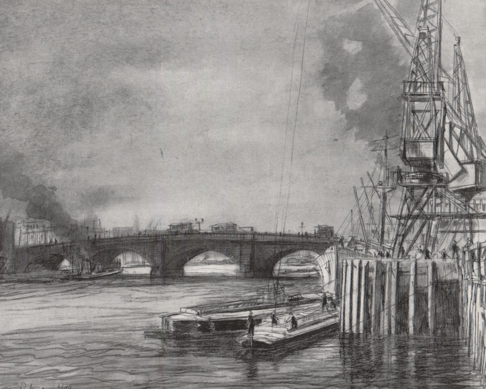 Associate Product LONDON. London Bridge from Billingsgate Wharf, by Patrick Hall 1947 old print