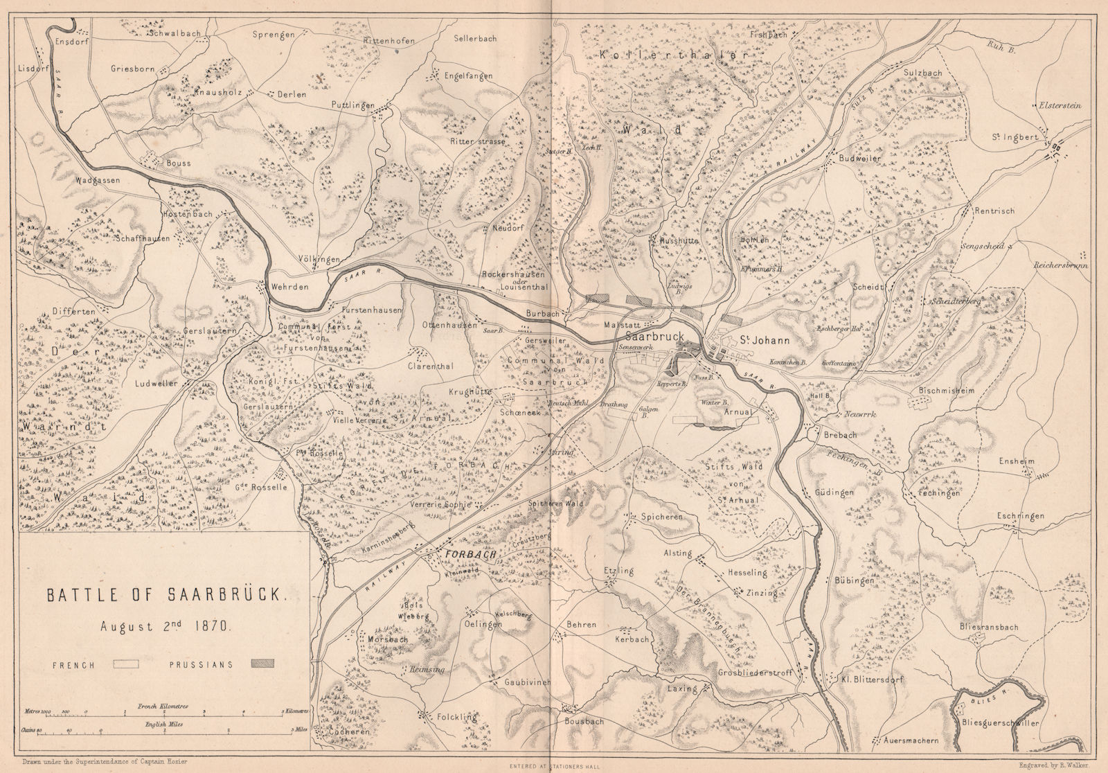 FRANCO-PRUSSIAN WAR. Battle of Saarbrücken 1870. Forbach. Germany 1875 old map