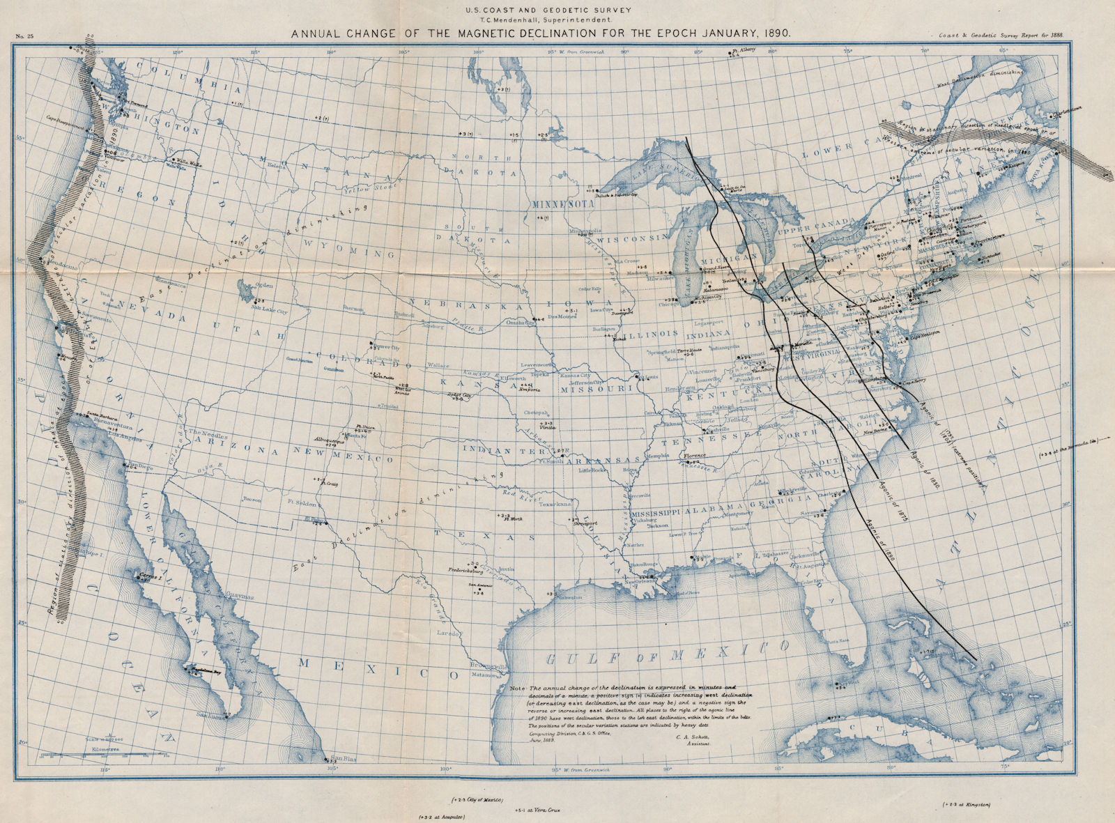 USA. Magnetic declination annual change. Agonic lines 1797-1890. USCGS 1889 map