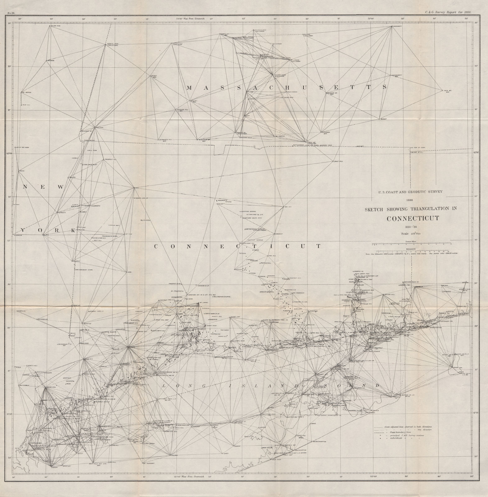 CONNECTICUT COASTAL SURVEY. Long Island Sound. Triangulation. USCGS 1889 map