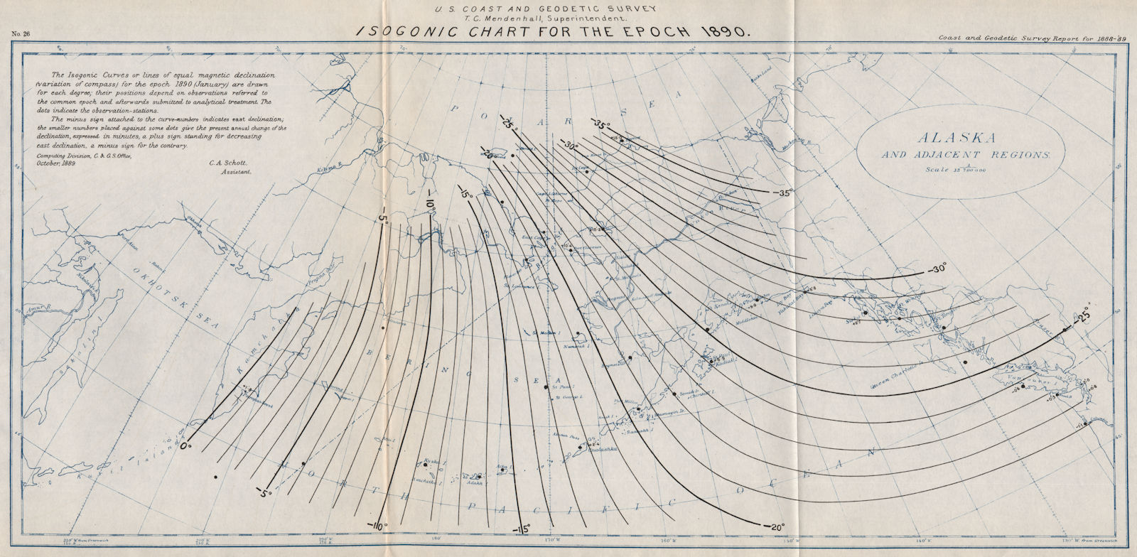 ALASKA.Isogonic chart for 1890.Magnetic declination.Bering Strait.USCGS 1889 map