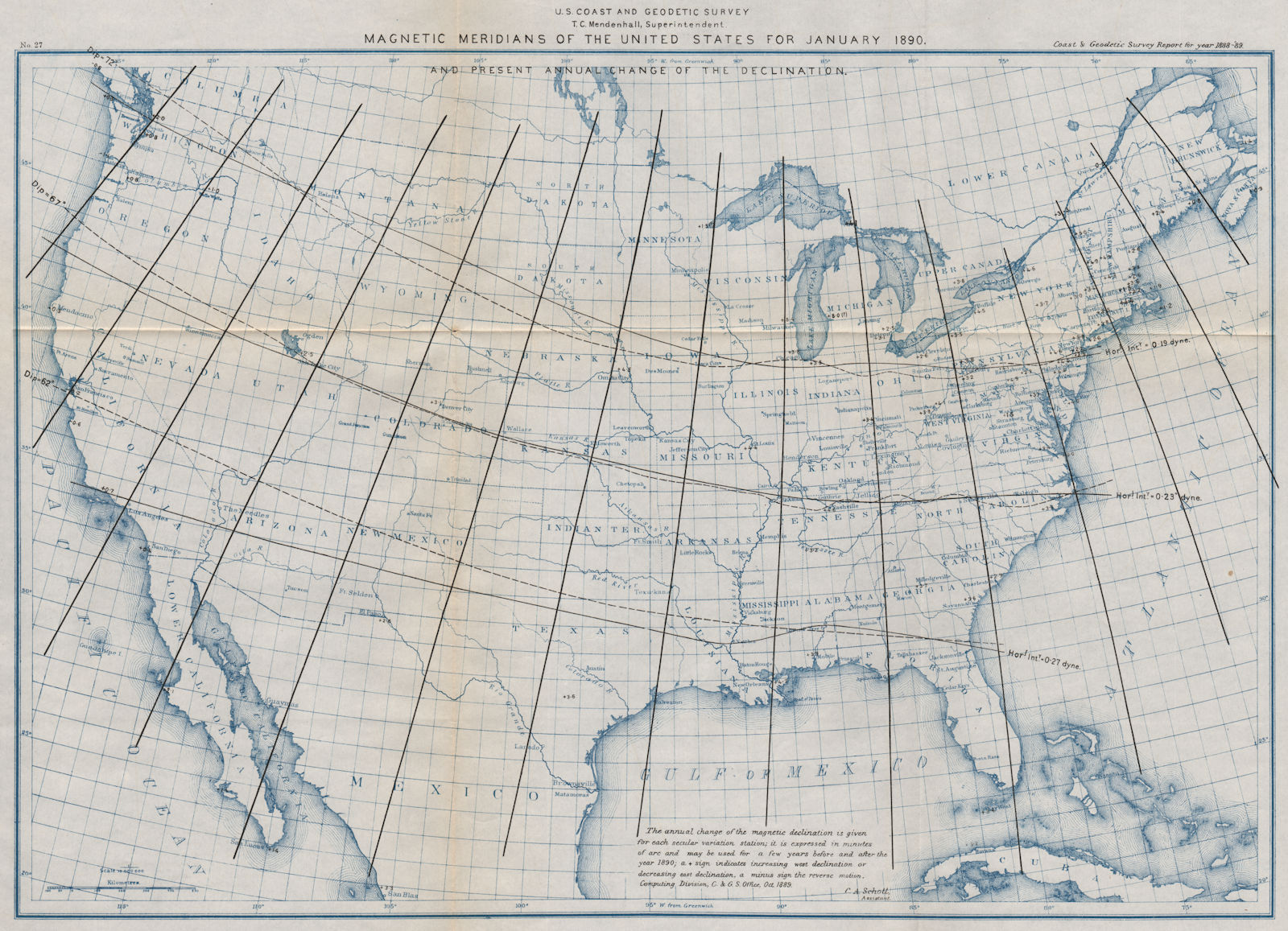 Associate Product USA. Magnetic meridians January 1890. Annual declination change. USCGS 1889 map