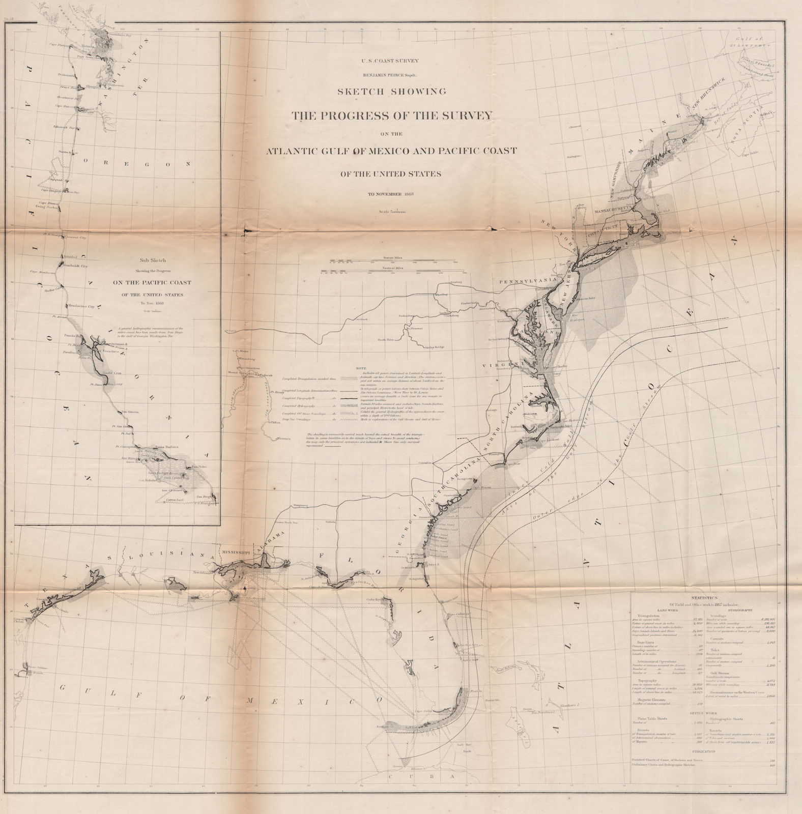 Associate Product USA COASTAL SURVEY.Atlantic Pacific Gulf Coasts.Progress to 1868.USCGS 1871 map