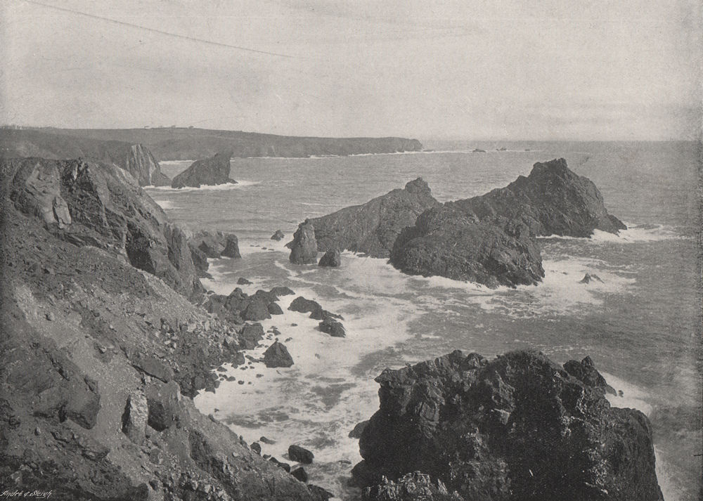 CORNWALL. Old Lizard head and Kynance Cove 1900 antique print picture