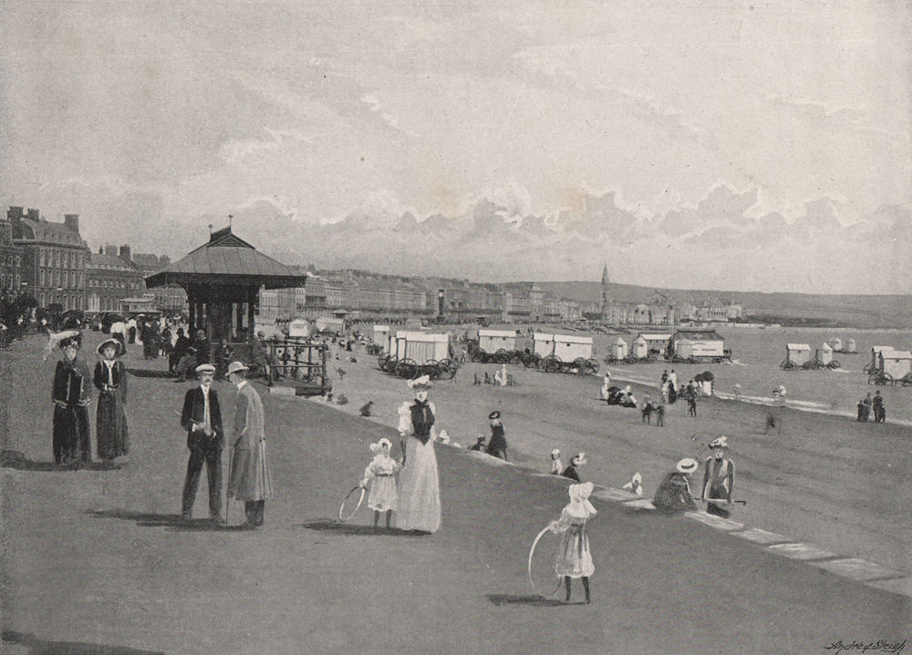 WEYMOUTH. Victorian bathing machines/carriages on wheels. Dorset 1900 print