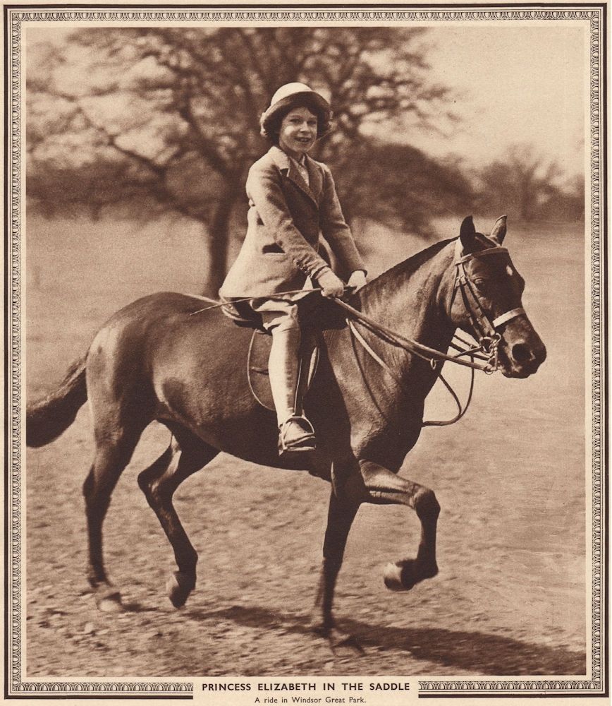 QUEEN ELIZABETH II. Princess Elizabeth in the Saddle 1937 old vintage print