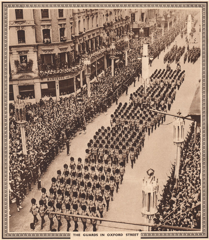 CORONATION 1937. The Grenadier Guards marching in Oxford Street 1937 old print