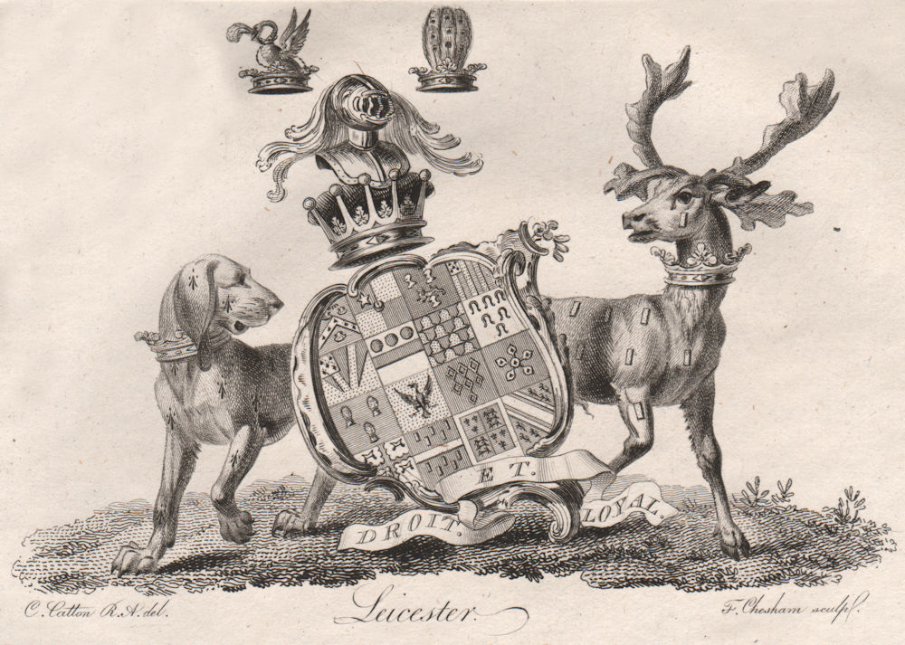 LEICESTER. Coat of Arms. Heraldry 1790 old antique vintage print picture
