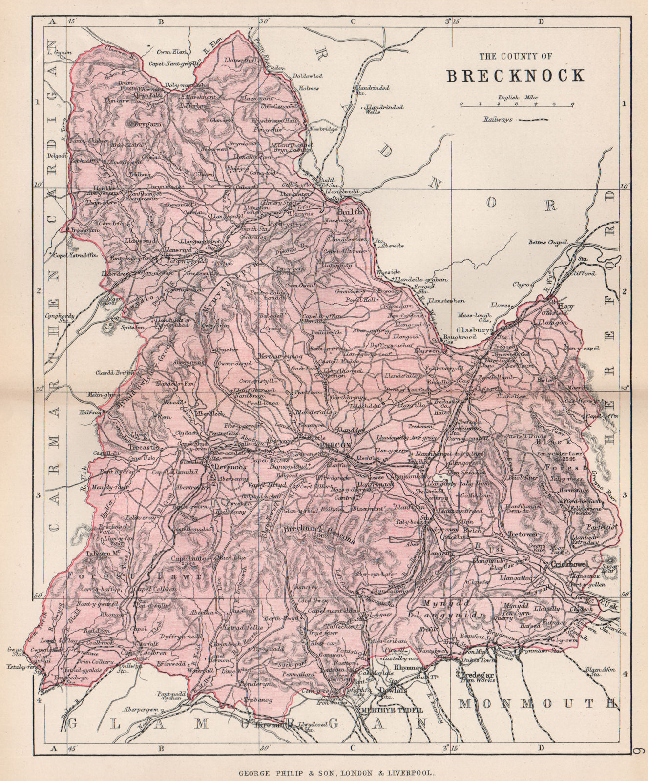 BRECKNOCKSHIRE."County of Brecknock".Brecon Beacons. Wales. BARTHOLOMEW 1896 map