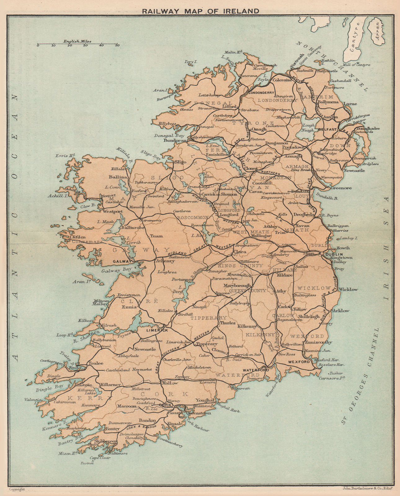 IRELAND. Railway map of Ireland. STANFORD 1908 old antique plan chart