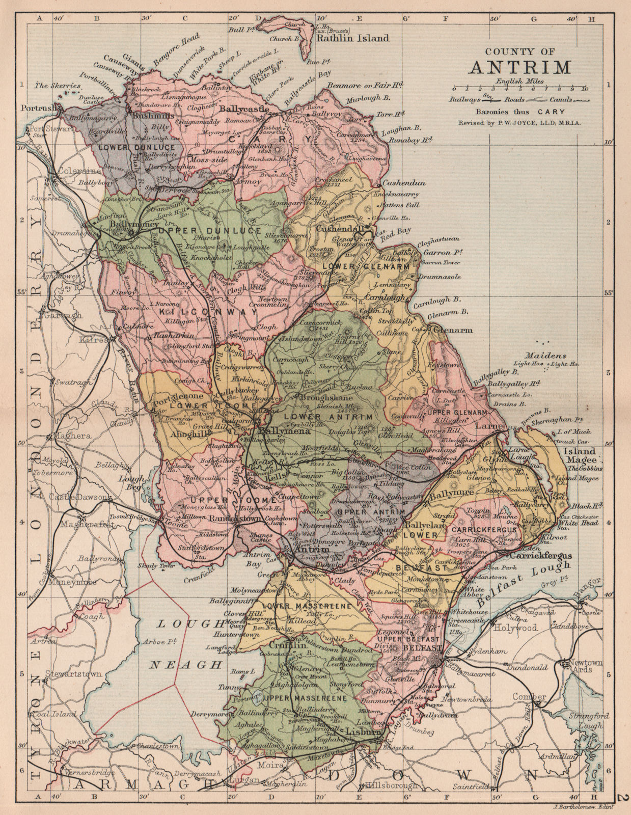 COUNTY ANTRIM. Antique county map. Ulster Belfast Lisburn. BARTHOLOMEW 1882