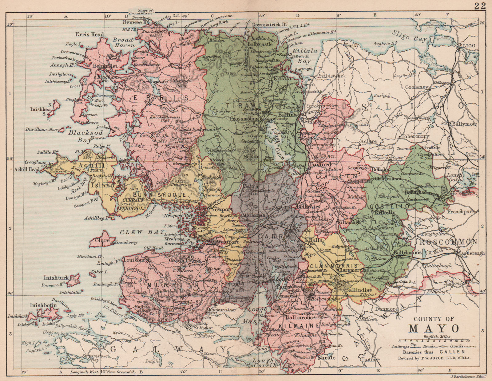 COUNTY MAYO. Antique county map. Connaught. Ireland. BARTHOLOMEW 1882 old