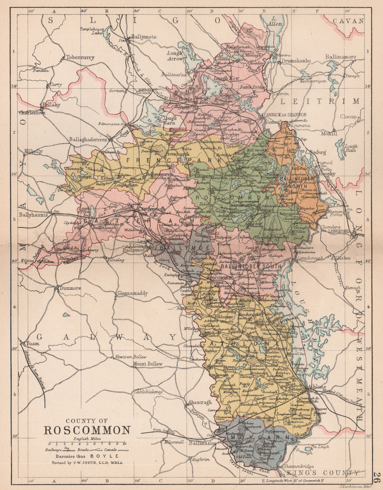 COUNTY ROSCOMMON. Antique county map. Connaught. Ireland. BARTHOLOMEW 1882