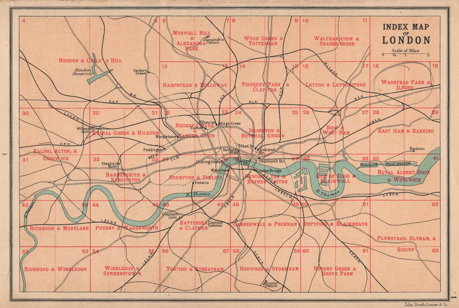 LONDON. Index map of London. Railways. BARTHOLOMEW 1913 old antique chart