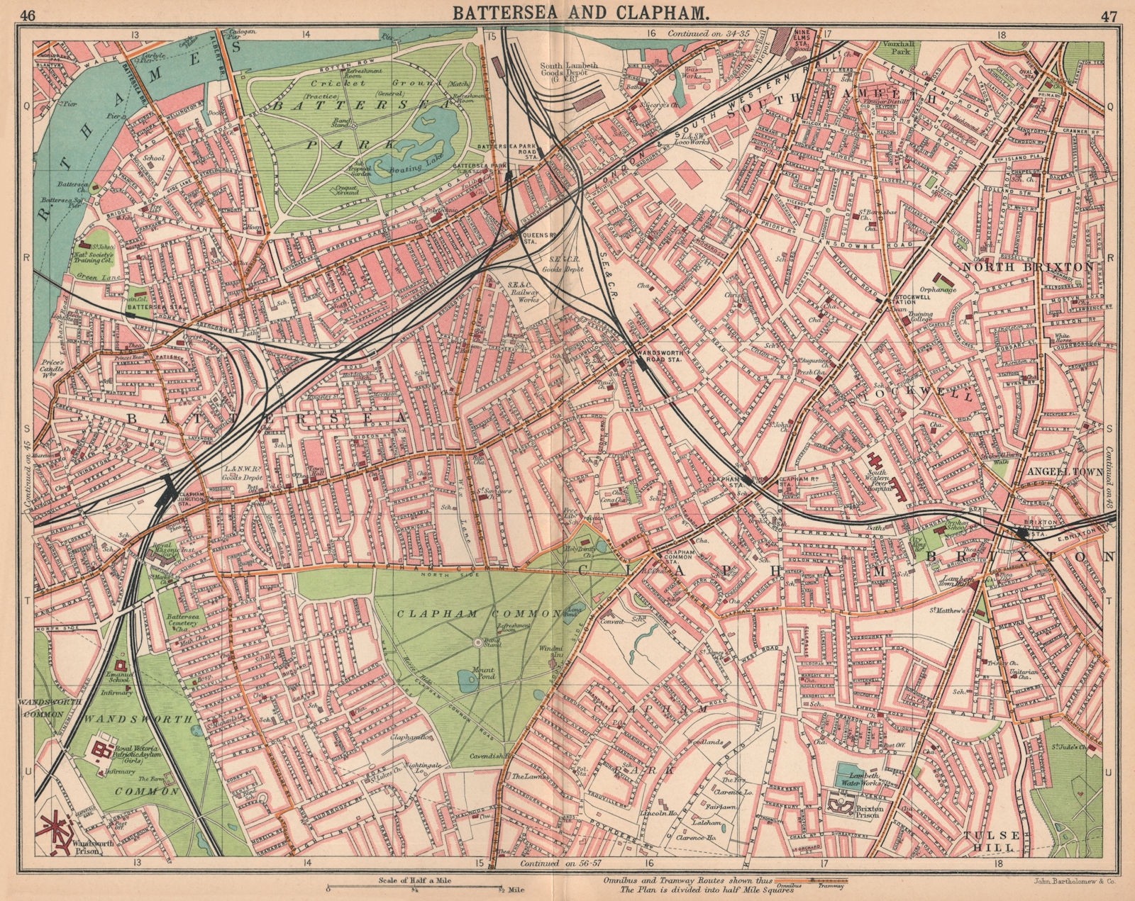 LONDON S.Battersea Clapham Stockwell Brixton Lambeth.Bus & tram routes 1913 map