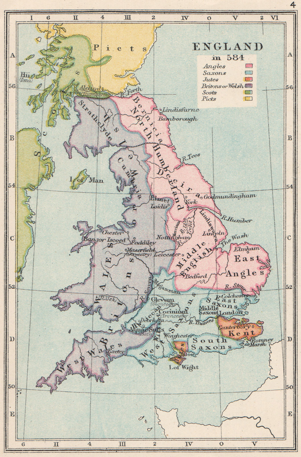 ENGLAND IN 584. Ethnic. Britons Angles Saxons Jutes Picts Scots. SMALL 1907 map