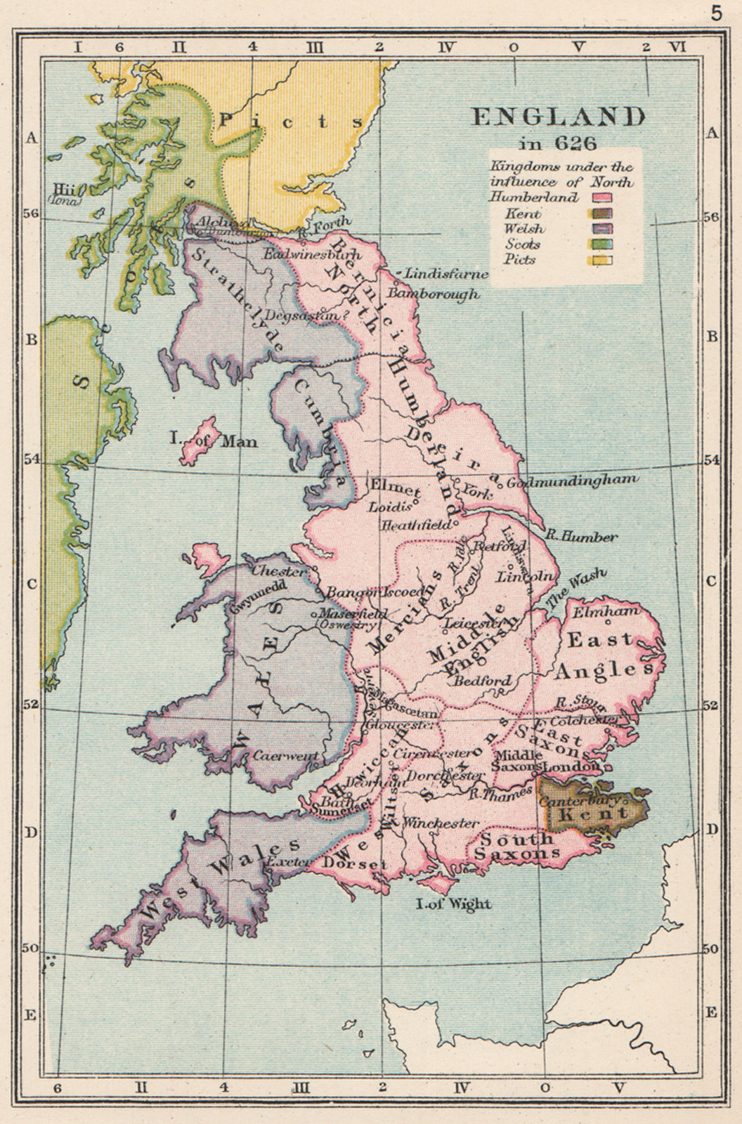 Associate Product ENGLAND IN 626. Kingdom of Northumberland. Welsh Scots Picts Kent.SMALL 1907 map