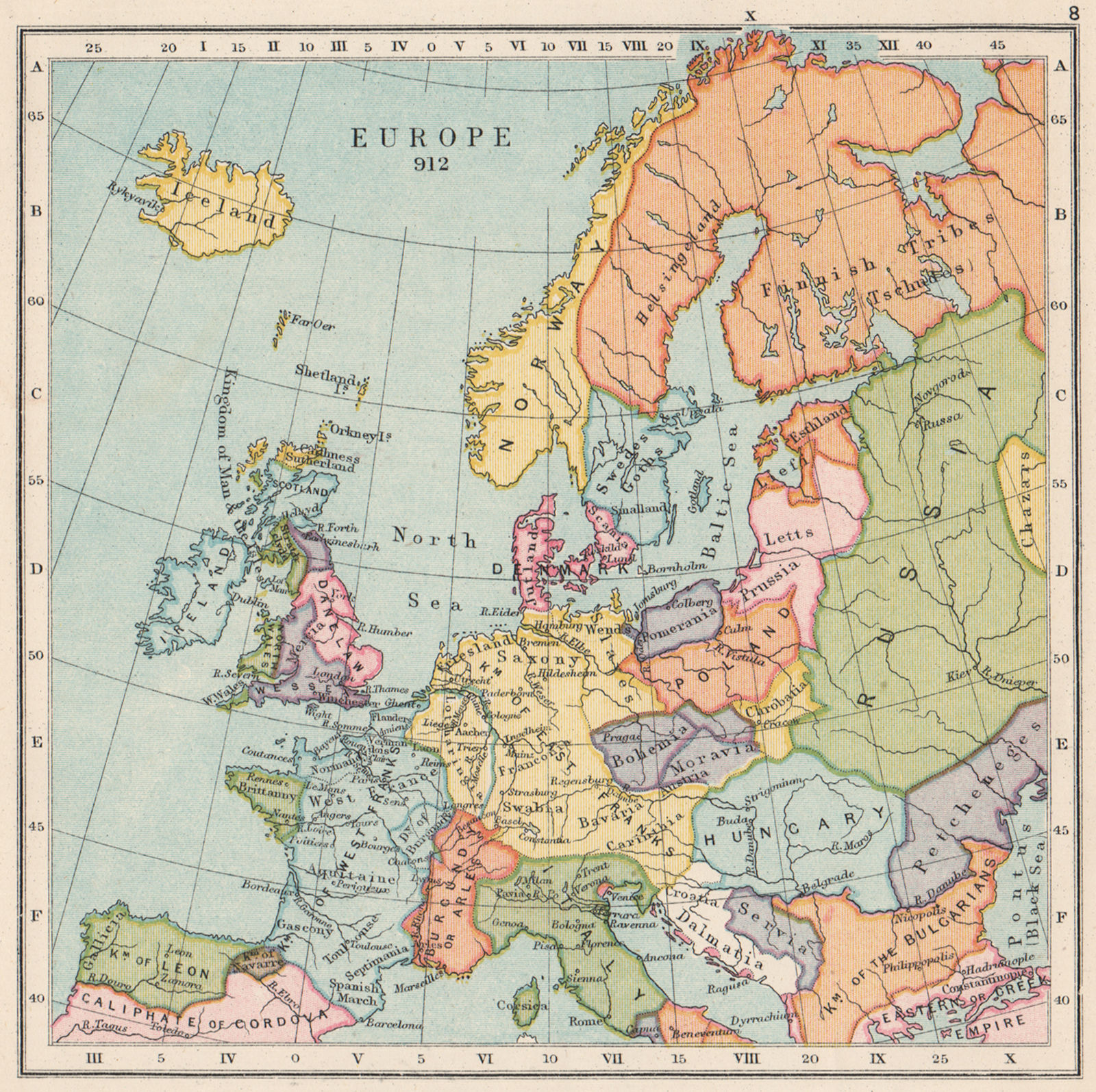 EUROPE IN 912. Danelaw West Franks East Franks Wessex 1907 old antique map
